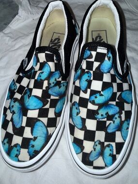 Vans Blue Butterfly Checkerboard Shoes Women’s 5.5 Slip On Sneakers